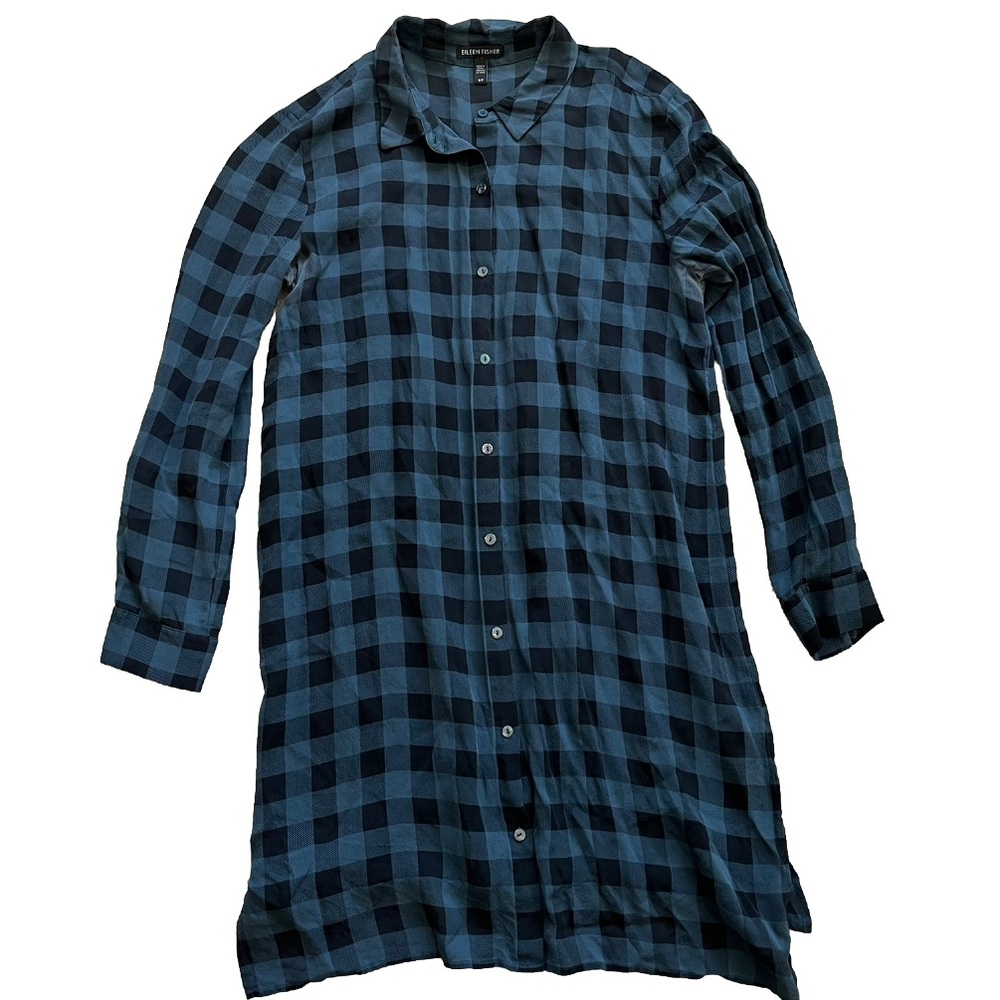 EILEEN FISHER 100% SILK BUFFALO PLAID BUTTON DOWN TUNIC SIZE SMALL SOPHISTICATED